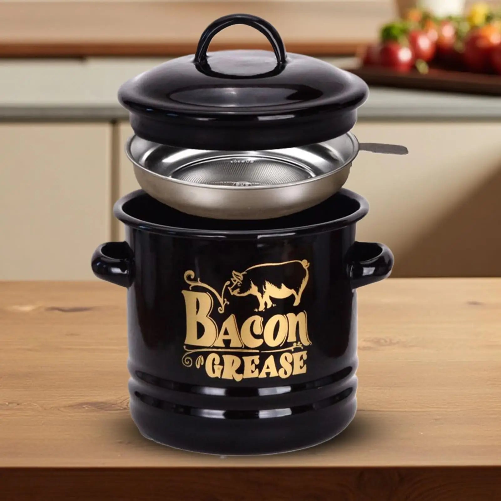 Bacon Grease Container 1200ml Fat Storage Canisters Grease Jar with Strainer Spatula for Kitchen Cooking Baking Holiday Weekend