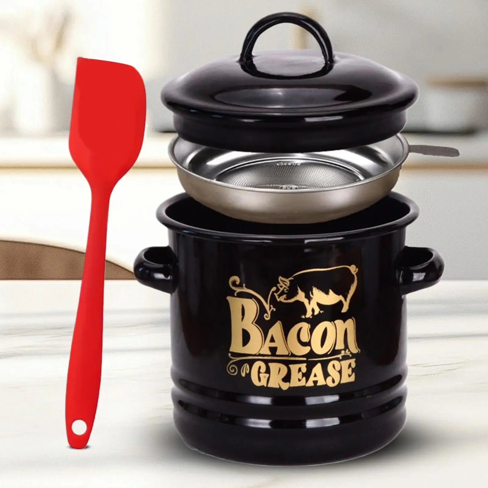 Bacon Grease Container 1200ml Fat Storage Canisters Grease Jar with Strainer Spatula for Kitchen Cooking Baking Holiday Weekend
